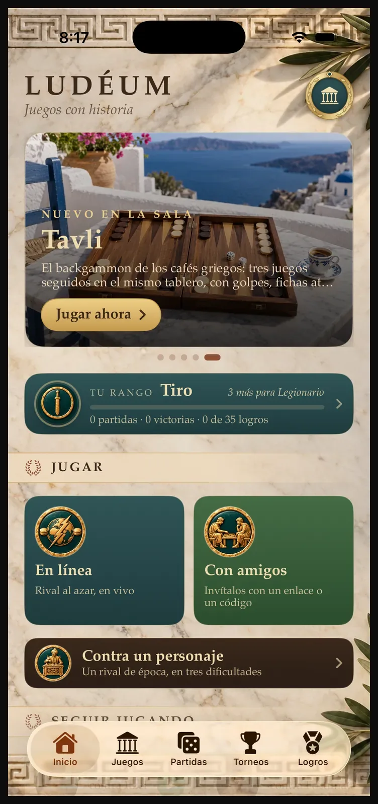 Pantalla de inicio de Ludéum: «Nuevo en la sala: Tavli», tu rango y los botones para jugar en línea, con amigos o contra un personaje