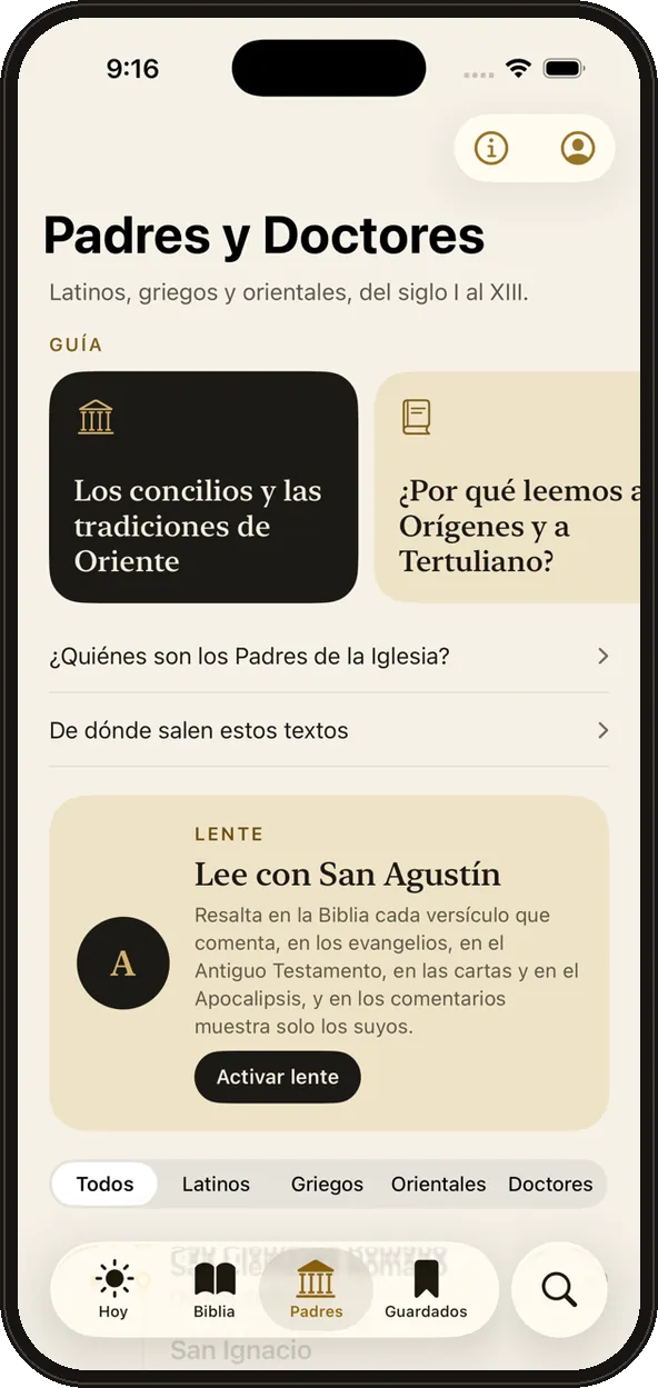 La pestaña Padres y Doctores con la guía y el lente de San Agustín