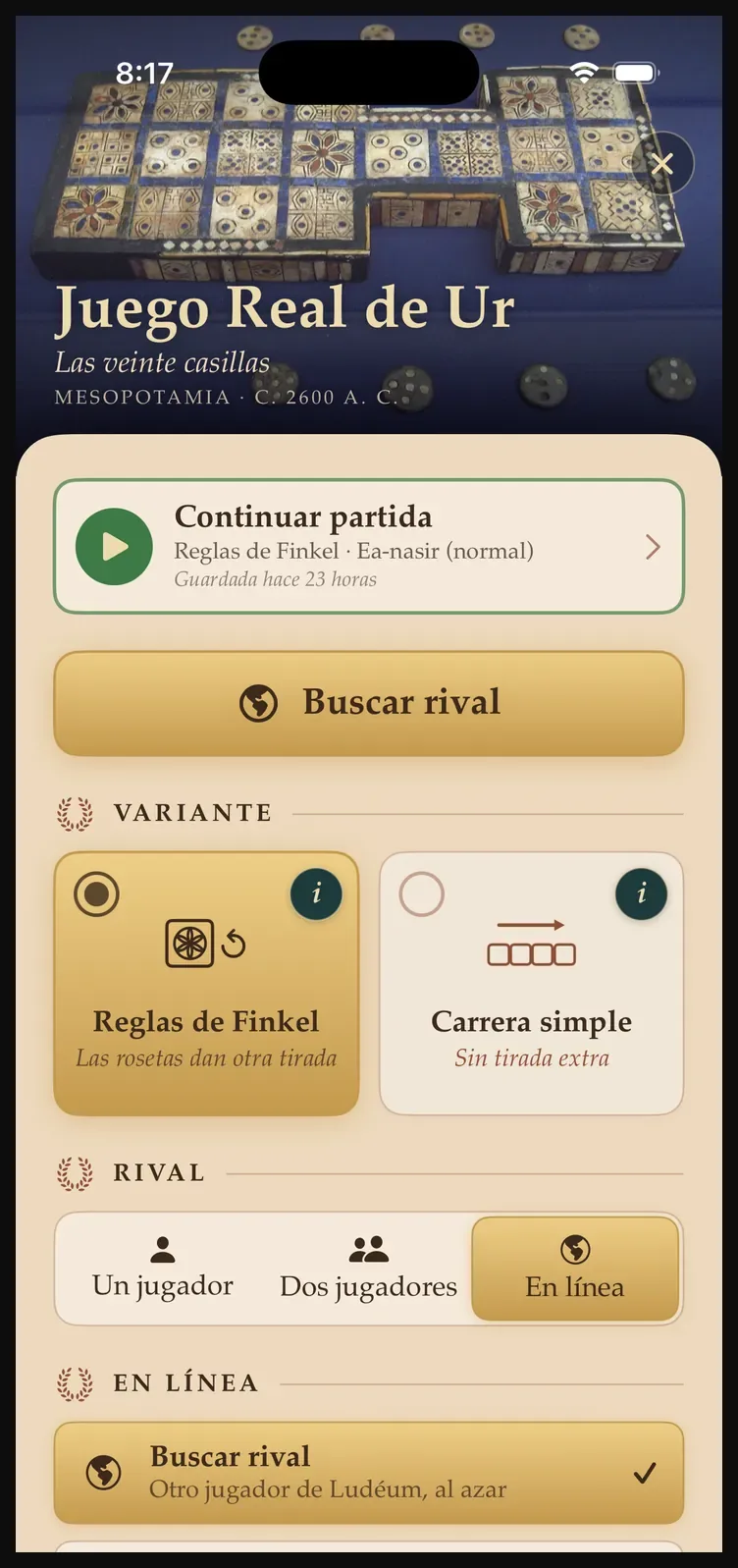Ficha del Juego Real de Ur con el botón «Buscar rival» y la opción En línea