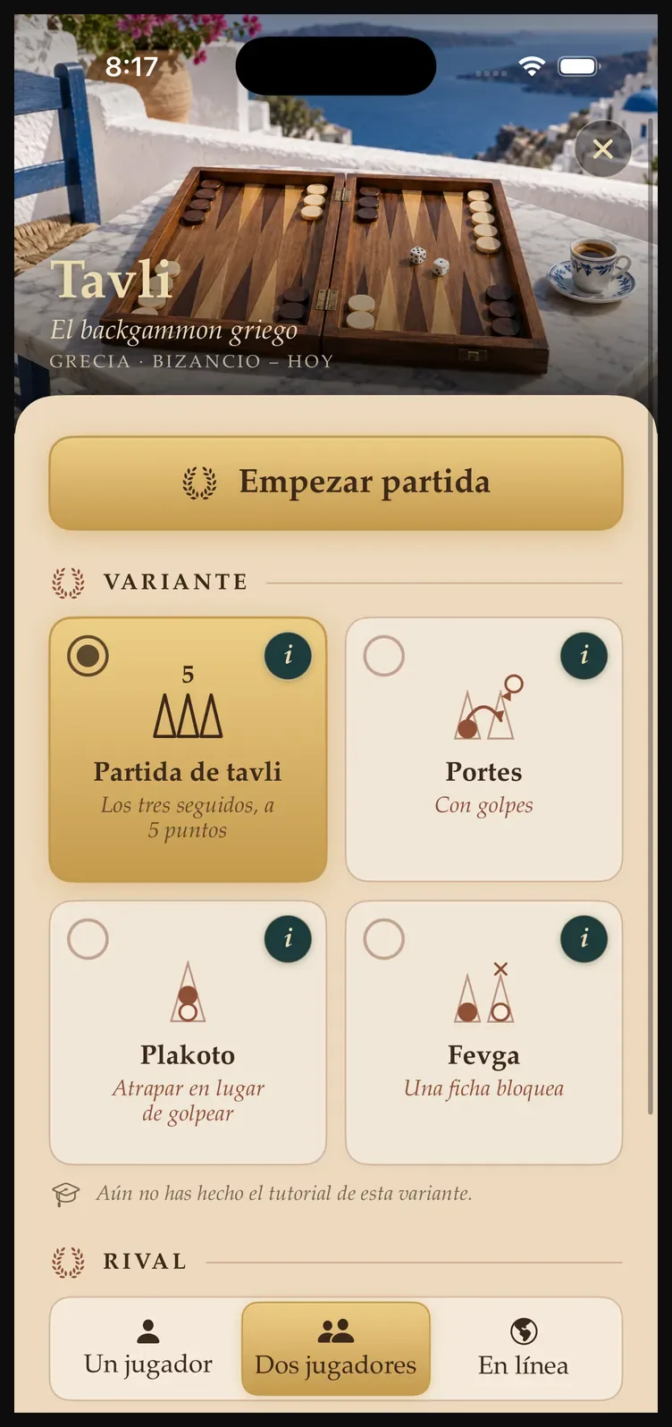 Elegir variante de Tavli: Partida de tavli, Portes, Plakoto o Fevga