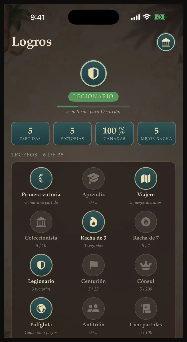 Pantalla de Logros en modo oscuro, con trofeos y estadísticas