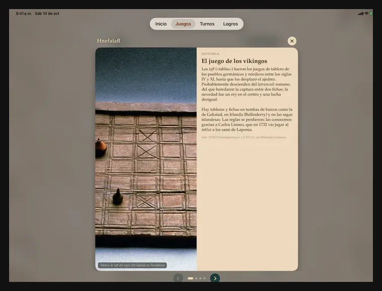 Ludéum en iPad: tarjeta de Historia del Hnefatafl, «El juego de los vikingos»